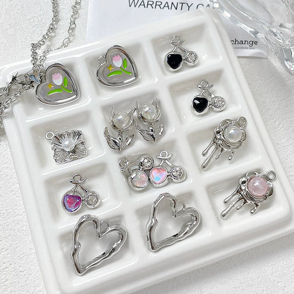 Alloy Beaded Y2k Sweet Heart Tulip Cherry Pendant Necklace And Bracelet Diy Handmade Accessories With Electroplating And Line Pattern