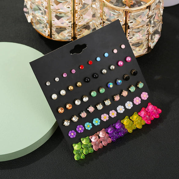 Alloy Bear Shape Stud Earrings With Animal Zodiac Diamond Design For Girls