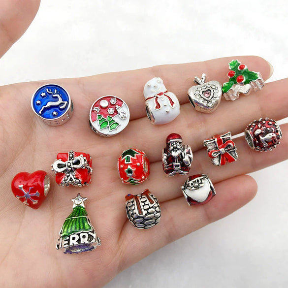 Alloy Big Hole Beads Dripping Oil Treatment Christmas Series Snowflake Santa Claus Diy Jewelry Accessories