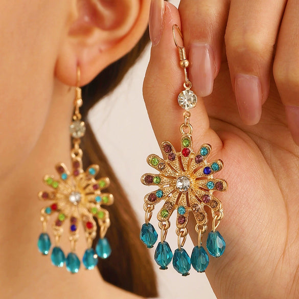 Alloy Bohemian Carved Hollow Geometric And Flower Earrings With Long Tassel Electroplating