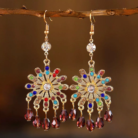 Alloy Bohemian Carved Hollow Geometric And Flower Earrings With Long Tassel Electroplating