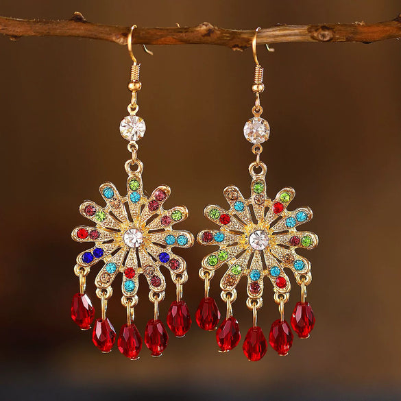Alloy Bohemian Carved Hollow Geometric And Flower Earrings With Long Tassel Electroplating