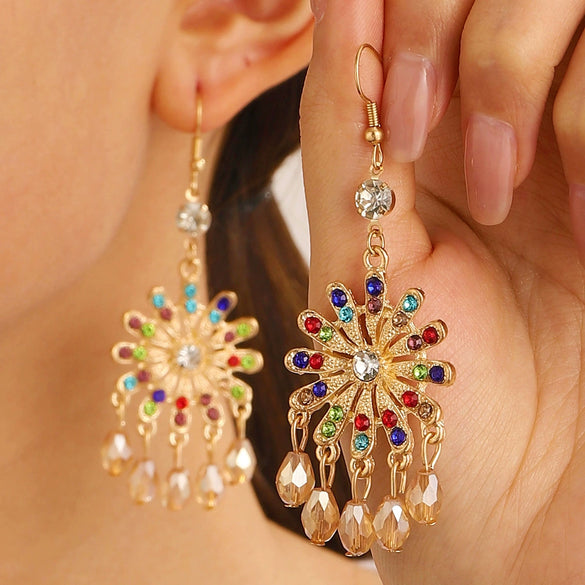 Alloy Bohemian Carved Hollow Geometric And Flower Earrings With Long Tassel Electroplating
