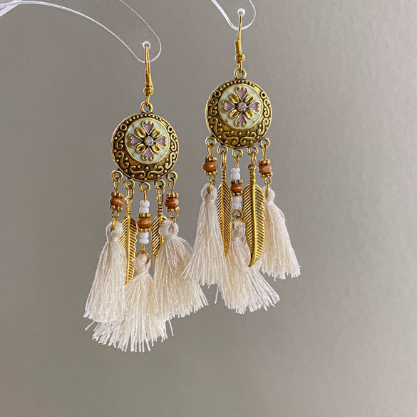 Alloy Bohemian Oil Dripping Rhombus Cotton Thread Tassel Earrings