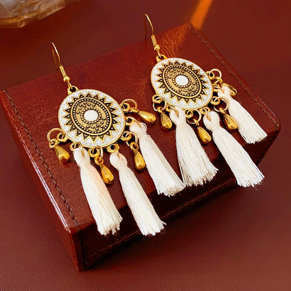 Alloy Bohemian Oil Dripping Rhombus Cotton Thread Tassel Earrings