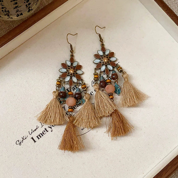 Alloy Bohemian Oil Dripping Rhombus Cotton Thread Tassel Earrings