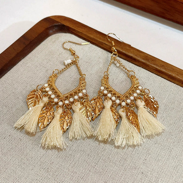Alloy Bohemian Oil Dripping Rhombus Cotton Thread Tassel Earrings