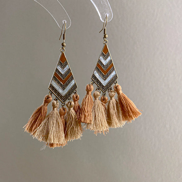 Alloy Bohemian Oil Dripping Rhombus Cotton Thread Tassel Earrings