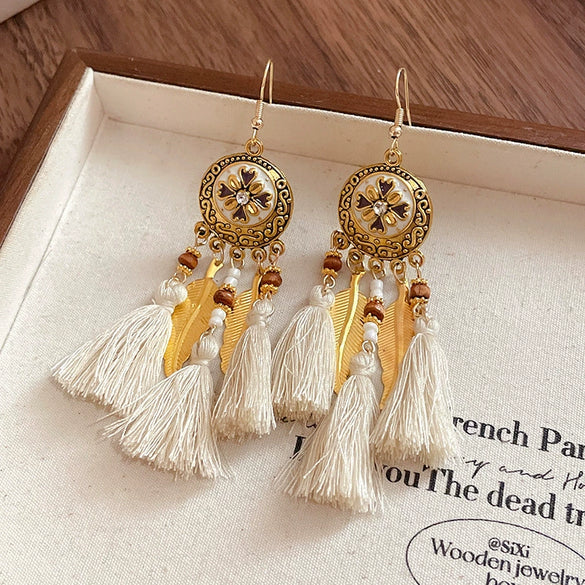 Alloy Bohemian Oil Dripping Rhombus Cotton Thread Tassel Earrings