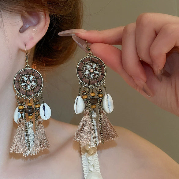 Alloy Bohemian Oil Dripping Rhombus Cotton Thread Tassel Earrings
