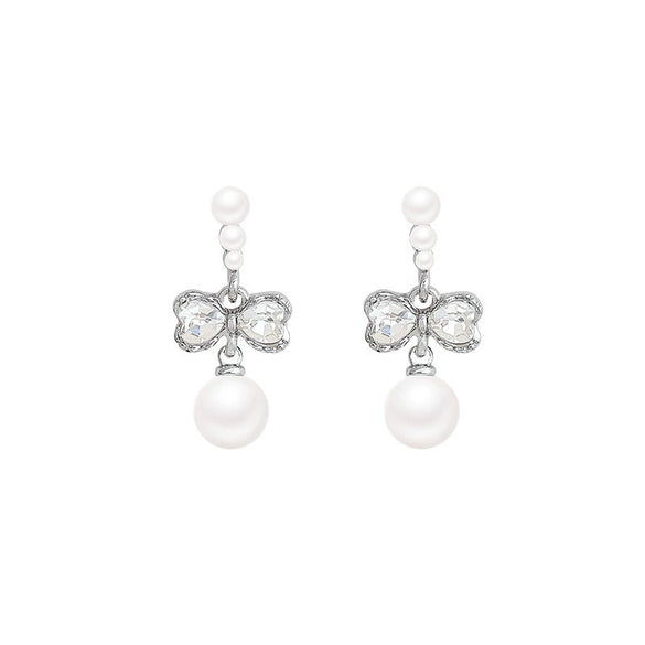 Alloy Bow And Heart Shape Electroplated Zircon Pearl Women's Earrings