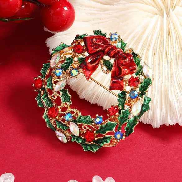 Alloy Bow Christmas Wreath Brooch For Women