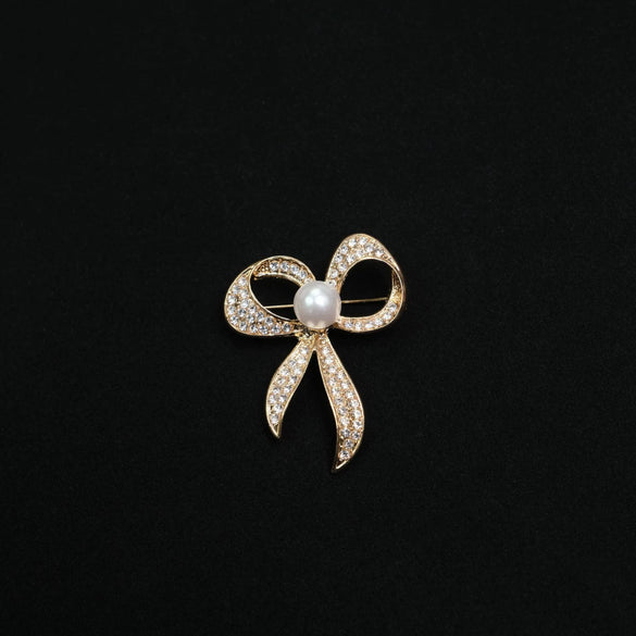 Alloy Bow Hollow Pearl Diamond Brooch Electroplated Lovely Style For Female And Unisex