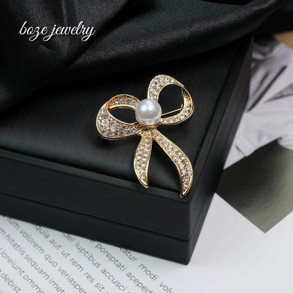 Alloy Bow Hollow Pearl Diamond Brooch Electroplated Lovely Style For Female And Unisex