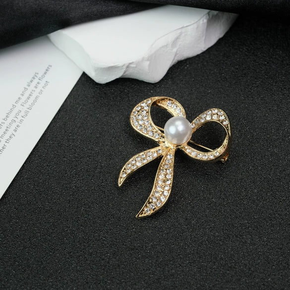 Alloy Bow Hollow Pearl Diamond Brooch Electroplated Lovely Style For Female And Unisex