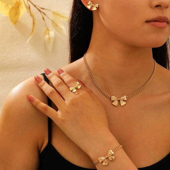 Alloy Bow Jewelry Set For Women With Electroplating Including Bracelet Necklace Ring Earrings
