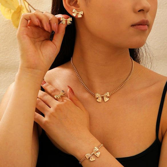 Alloy Bow Jewelry Set For Women With Electroplating Including Bracelet Necklace Ring Earrings