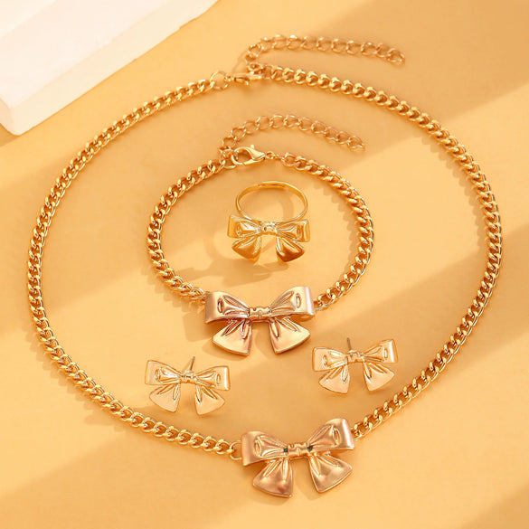 Alloy Bow Jewelry Set For Women With Electroplating Including Bracelet Necklace Ring Earrings