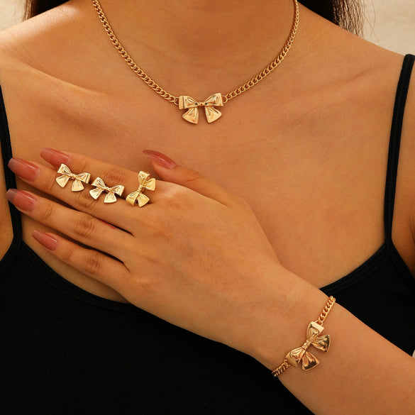 Alloy Bow Jewelry Set For Women With Electroplating Including Bracelet Necklace Ring Earrings