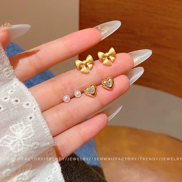 Alloy Bow Shape Electroplated Women's Minimalist Pearl Set Earrings