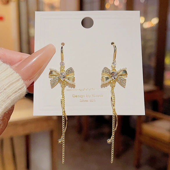 Alloy Bow Tassel Earrings Set With Pearls For Women