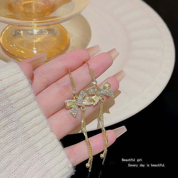 Alloy Bow Tassel Earrings Set With Pearls For Women