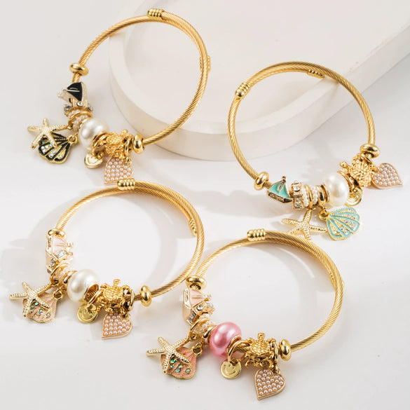 Alloy Bracelet With Diamond Star And Starfish Pendant For Women