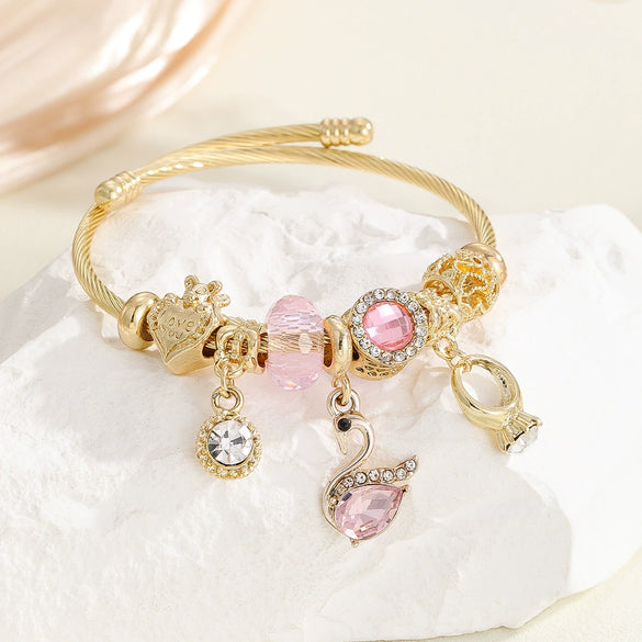 Alloy Bracelet Women's Trendy Fashion Rhinestone Love Pendant Beaded With Diamond Design
