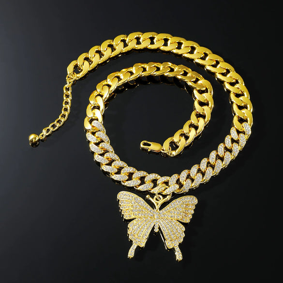 Alloy Butterfly Cuban Chain Necklace With Diamond Inlay Hiphop Style Featuring Letters Numbers Text Pattern For Men