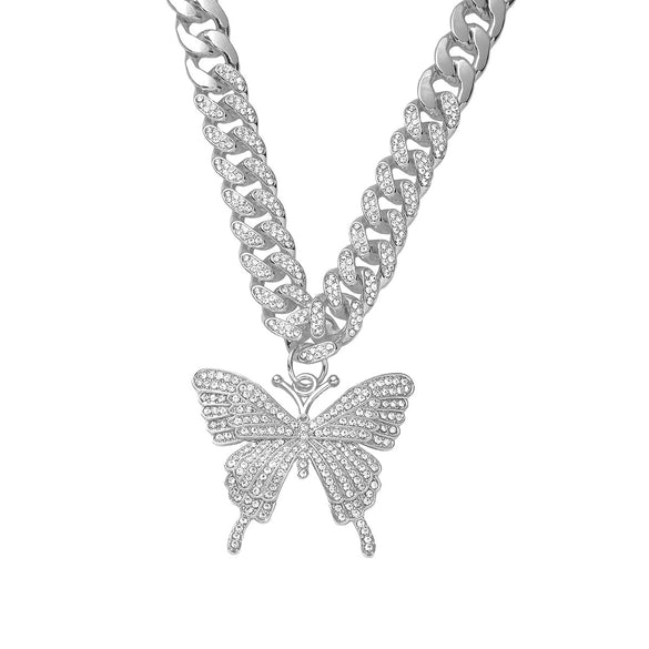 Alloy Butterfly Cuban Chain Necklace With Diamond Inlay Hiphop Style Featuring Letters Numbers Text Pattern For Men