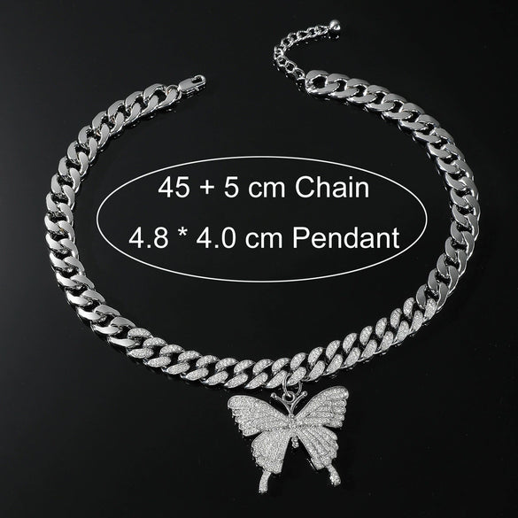 Alloy Butterfly Cuban Chain Necklace With Diamond Inlay Hiphop Style Featuring Letters Numbers Text Pattern For Men