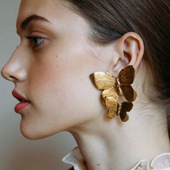 Alloy Butterfly Earrings With Electroplating And Metal Texture Cold Style For Female