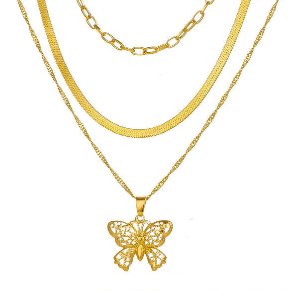 Alloy Butterfly Pendant Multilayer Snake Bone Chain Necklace With Electroplating