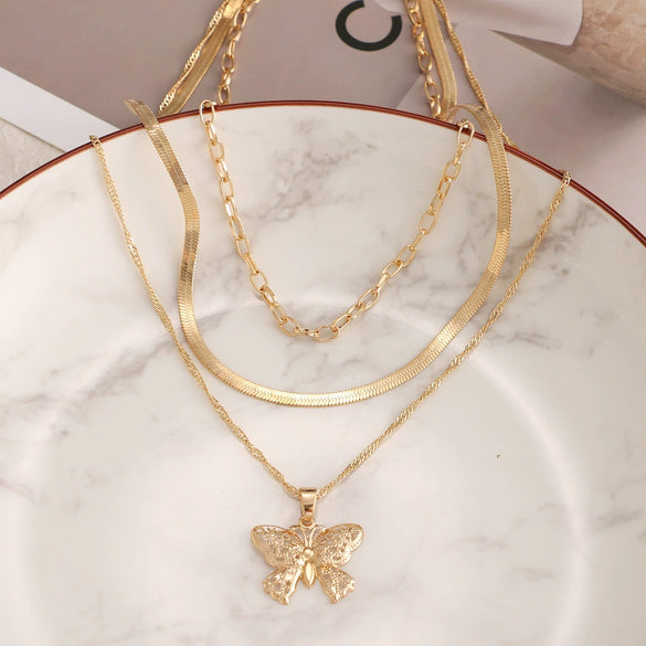 Alloy Butterfly Pendant Multilayer Snake Bone Chain Necklace With Electroplating
