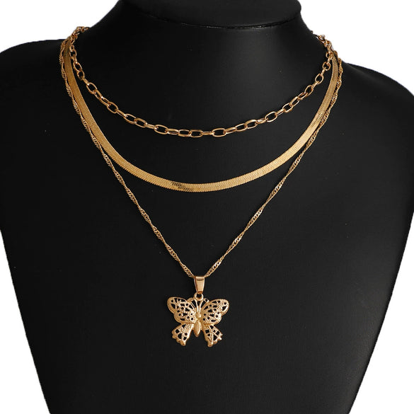 Alloy Butterfly Pendant Multilayer Snake Bone Chain Necklace With Electroplating