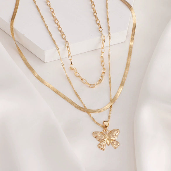 Alloy Butterfly Pendant Multilayer Snake Bone Chain Necklace With Electroplating
