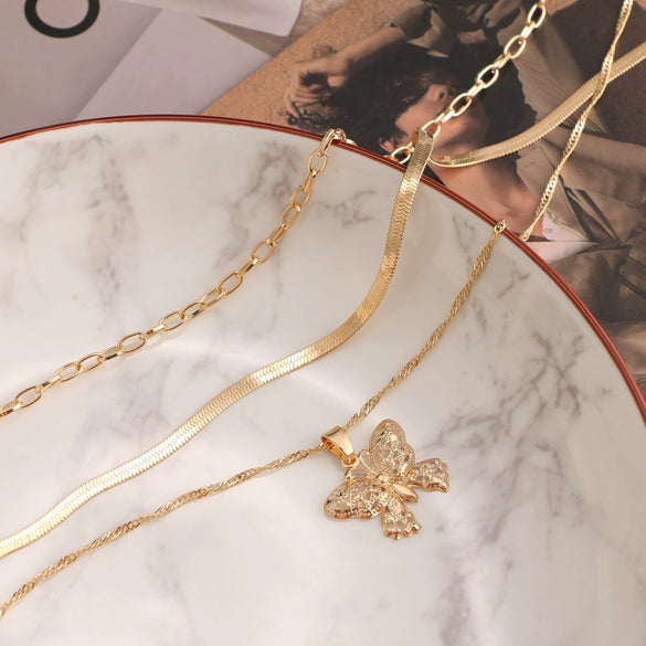 Alloy Butterfly Pendant Multilayer Snake Bone Chain Necklace With Electroplating