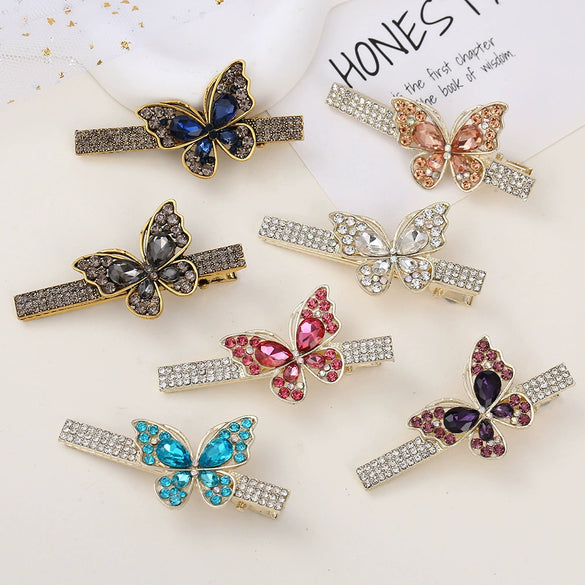 Alloy Butterfly Rhinestone Duckbill Side Clip Hairpin For Women Set With Diamonds