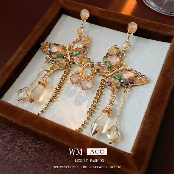 Alloy Butterfly Tassel Earrings Set With Diamonds Geometric Animal Zodiac Retro Sophisticated For Women