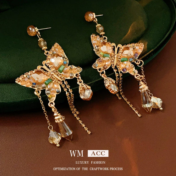 Alloy Butterfly Tassel Earrings Set With Diamonds Geometric Animal Zodiac Retro Sophisticated For Women