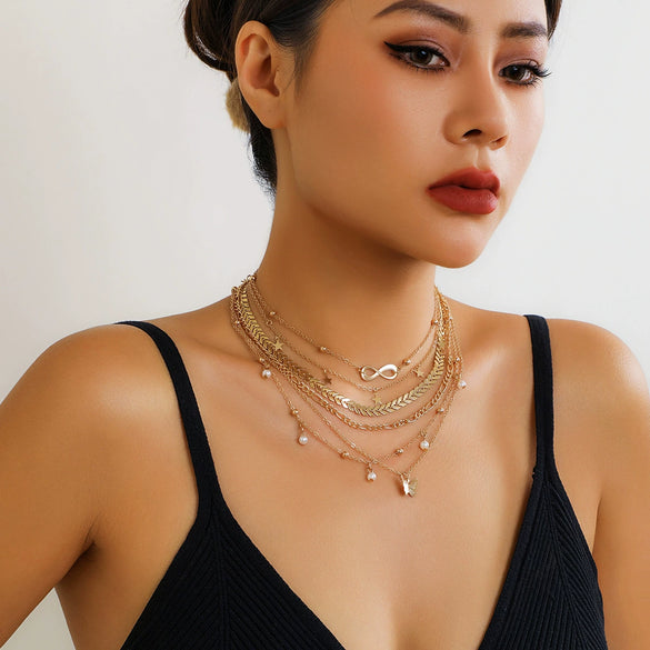 Alloy Butterfly Tassel Pendant Stacked Suit Necklace With Cross Chain And Electroplating Animal Zodiac Design