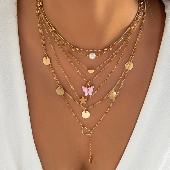 Alloy Butterfly Tassel Pendant Stacked Suit Necklace With Cross Chain And Electroplating Animal Zodiac Design