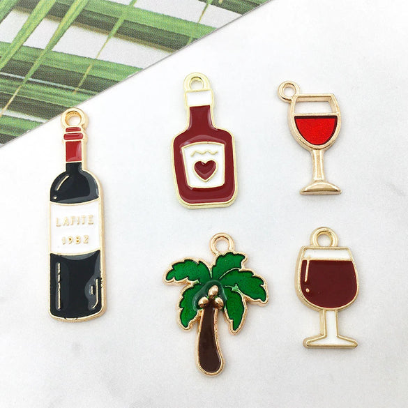 Alloy Cartoon Red Wine Bottle Coconut Tree Dripping Oil Pendant Jewelry Accessories