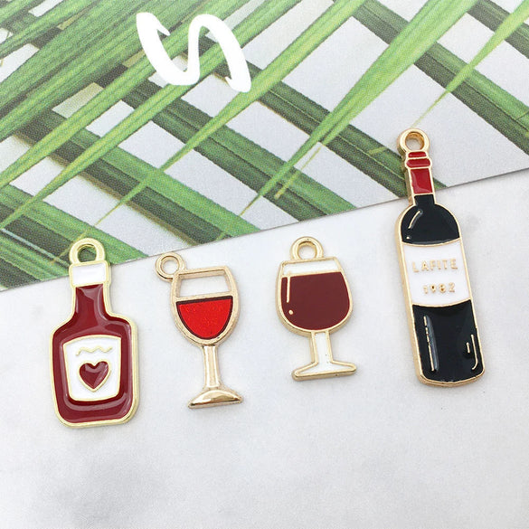 Alloy Cartoon Red Wine Bottle Coconut Tree Dripping Oil Pendant Jewelry Accessories