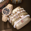 Alloy Casual Round Dial Belt Watch And Pearl Butterfly Jewelry Set For Women
