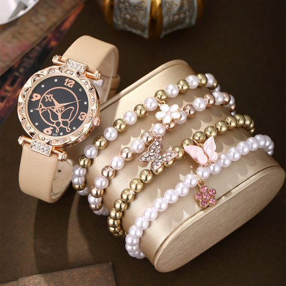 Alloy Casual Round Dial Belt Watch And Pearl Butterfly Jewelry Set For Women