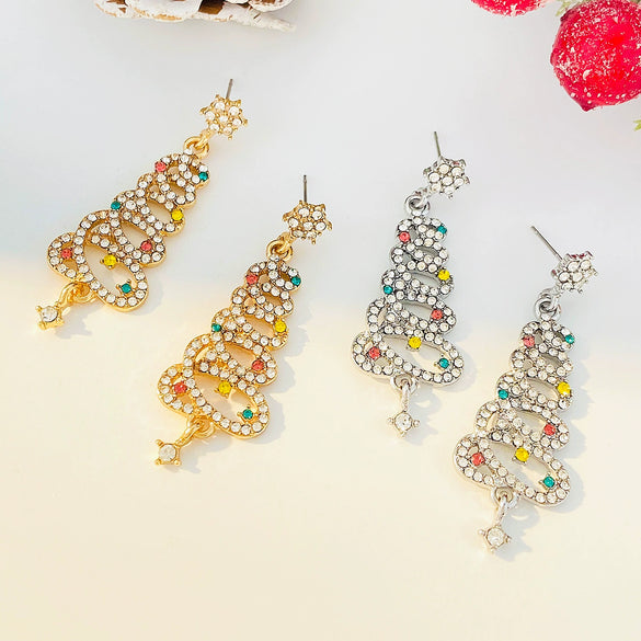 Alloy Christmas Earrings With Colorful Tassel And Christmas Tree Design Geometric Pattern Diamond Inlay For Women