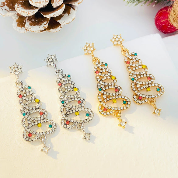 Alloy Christmas Earrings With Colorful Tassel And Christmas Tree Design Geometric Pattern Diamond Inlay For Women