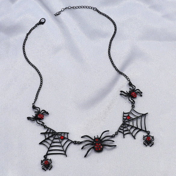 Alloy Clavicle Chain With Black Spider Web Pattern Retro Gothic Style Pendant Electroplated For Women