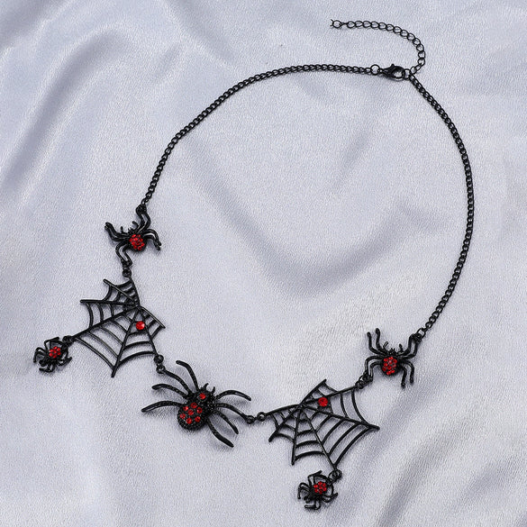 Alloy Clavicle Chain With Black Spider Web Pattern Retro Gothic Style Pendant Electroplated For Women